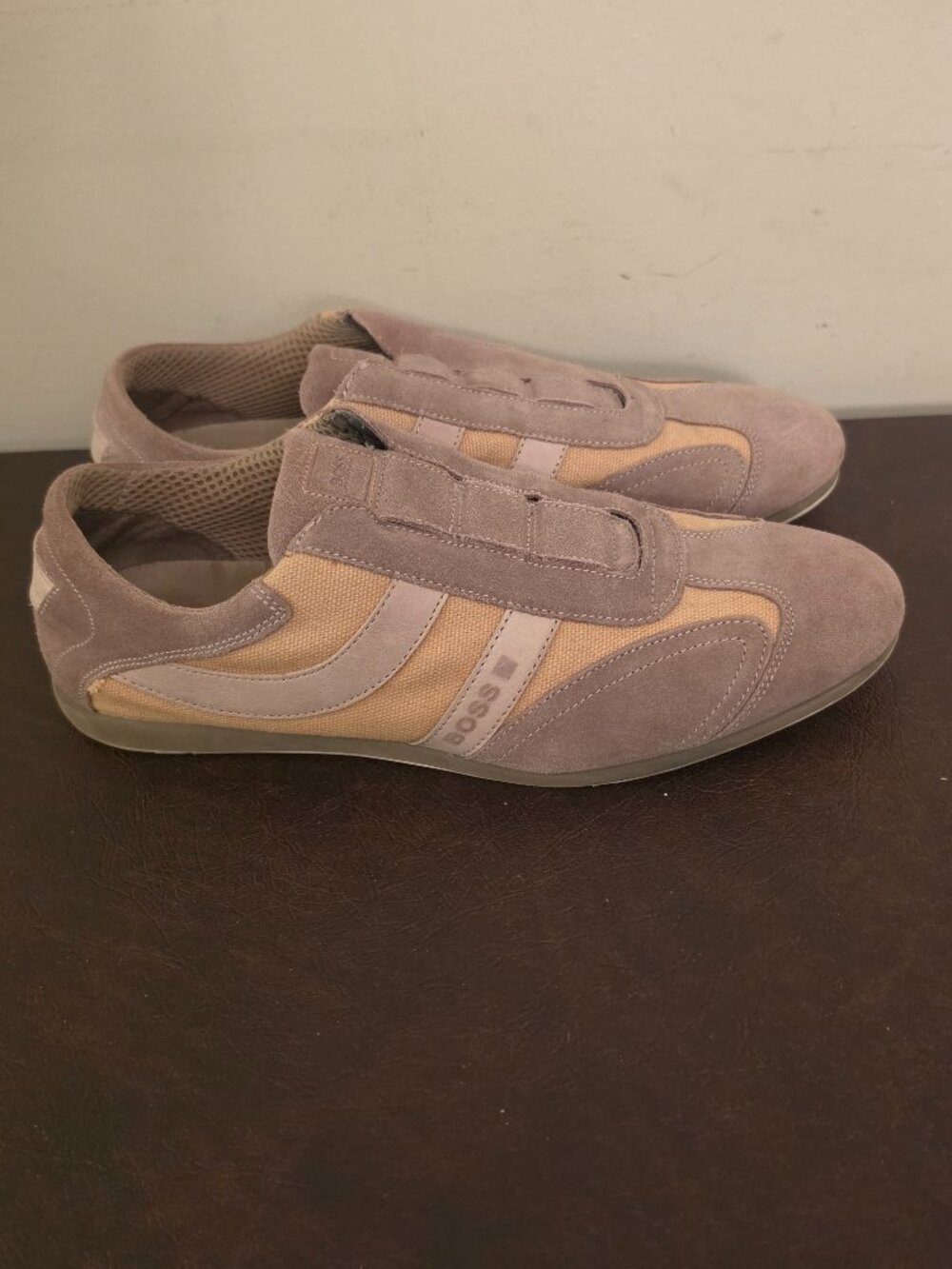 preowned pair of HUGO BOSS men's shoes in beige color,